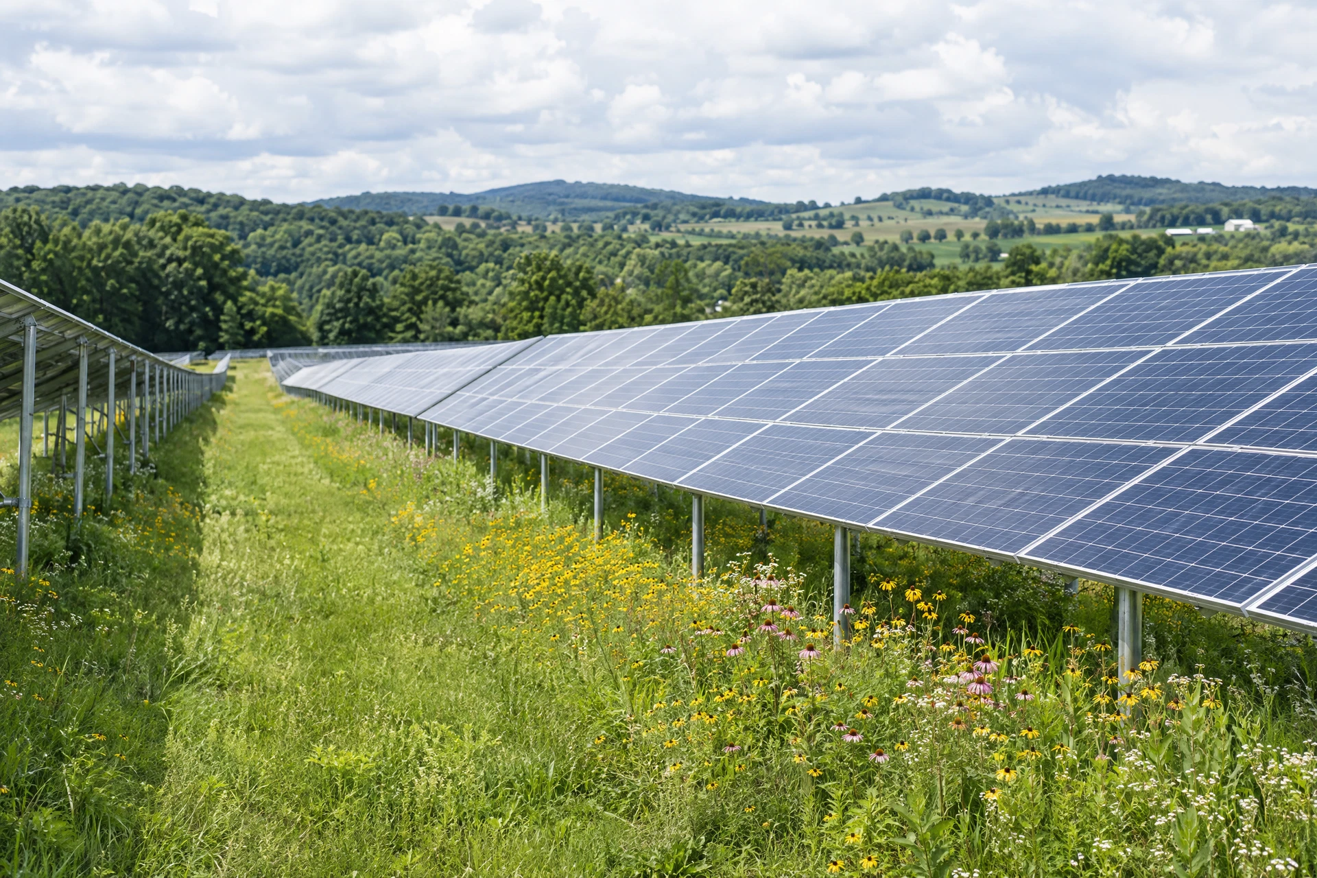 Ground-mounted solar panels in long rows beside green grass