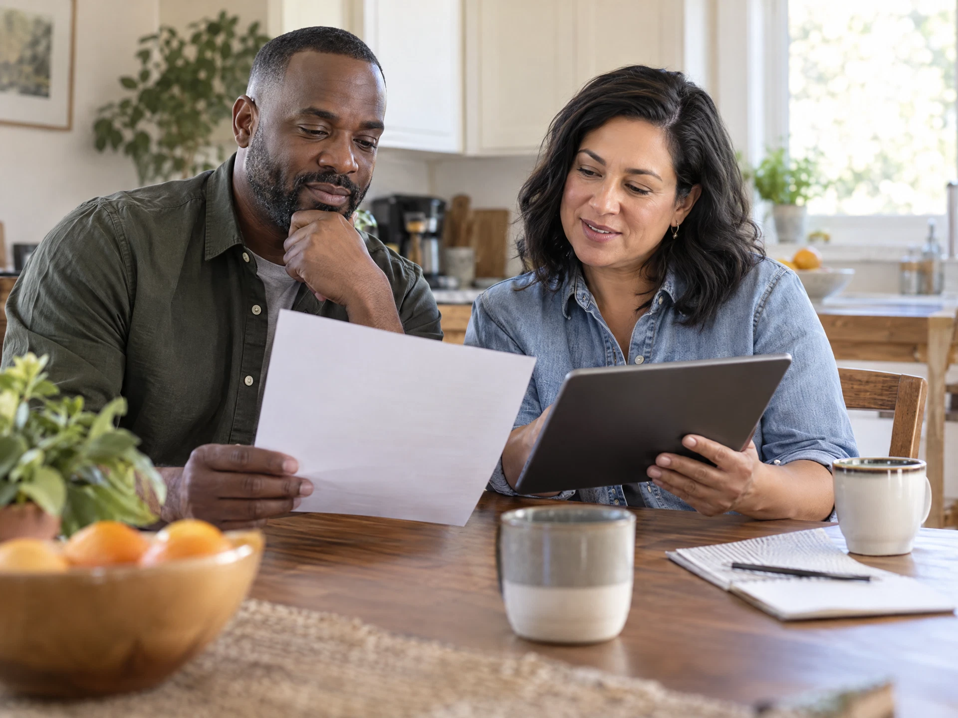 Two neighbors reviewing utility information at a kitchen table